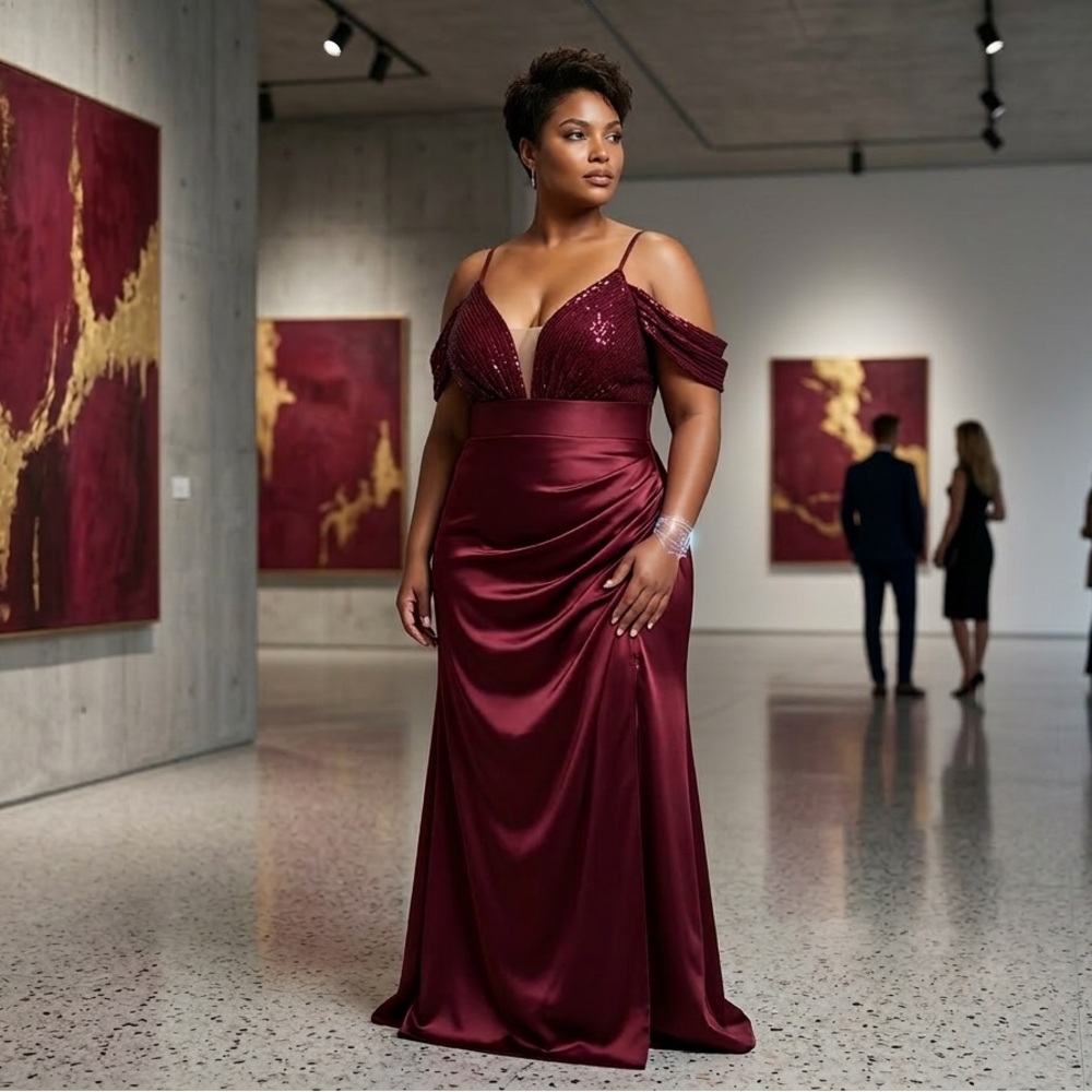 UNITHORSE Burgundy Sequin & Satin Formal Gown - Size 1XL
